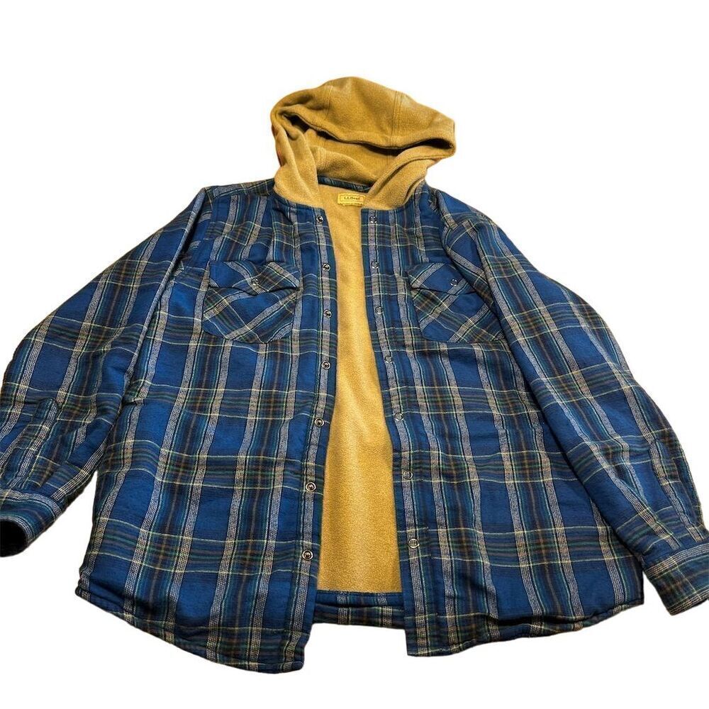 LL Bean Boys Large Blue Plaid Flannel Hooded Jacket Casual Fall